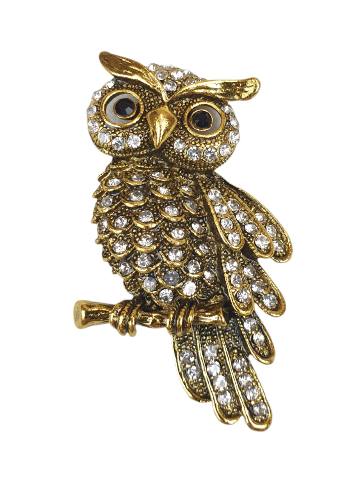 Perching Owl Diamante Brooch Dark Gold