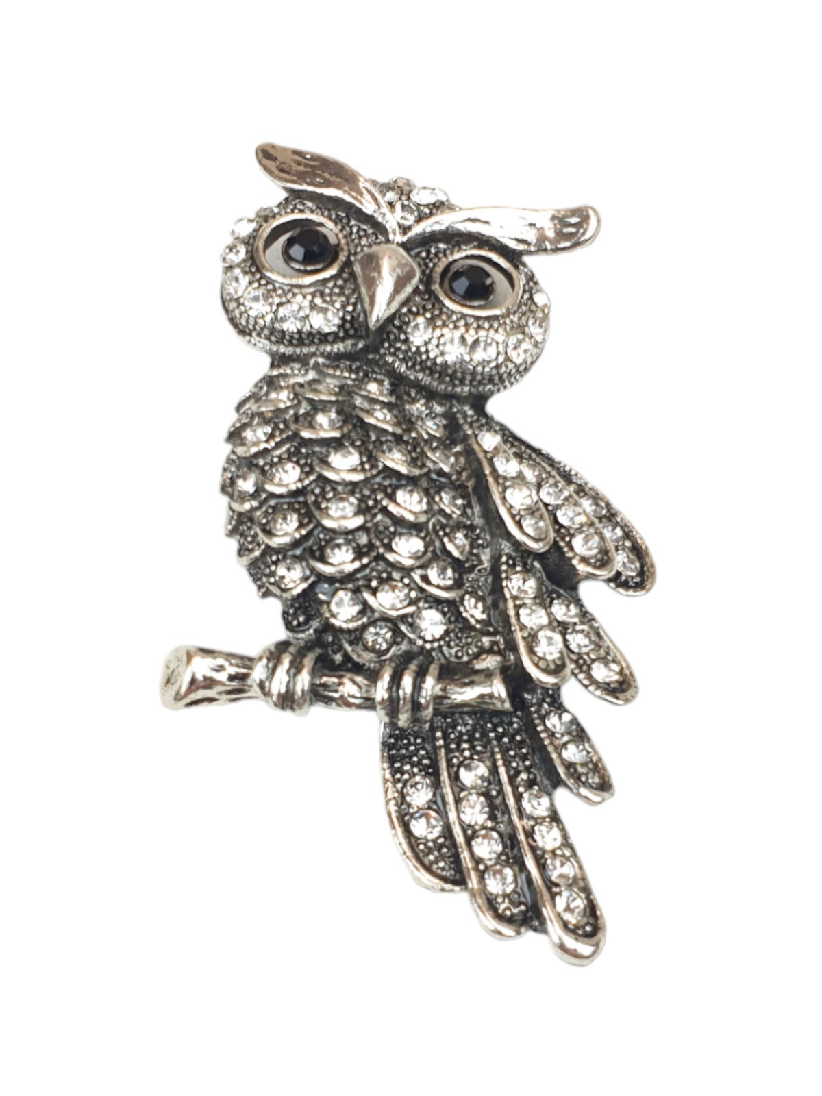 Perching Owl Diamante Brooch Dark Silver