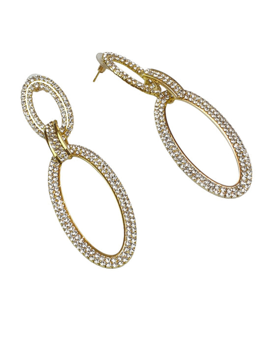 Double Oval Linked Hoop Diamante Earrings Gold