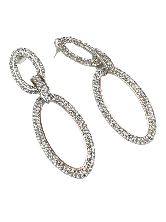 Double Oval Linked Hoop Diamante Earrings Silver