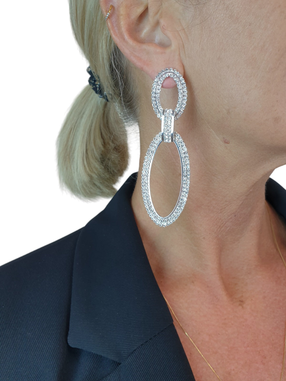 Double Oval Linked Hoop Diamante Earrings Silver