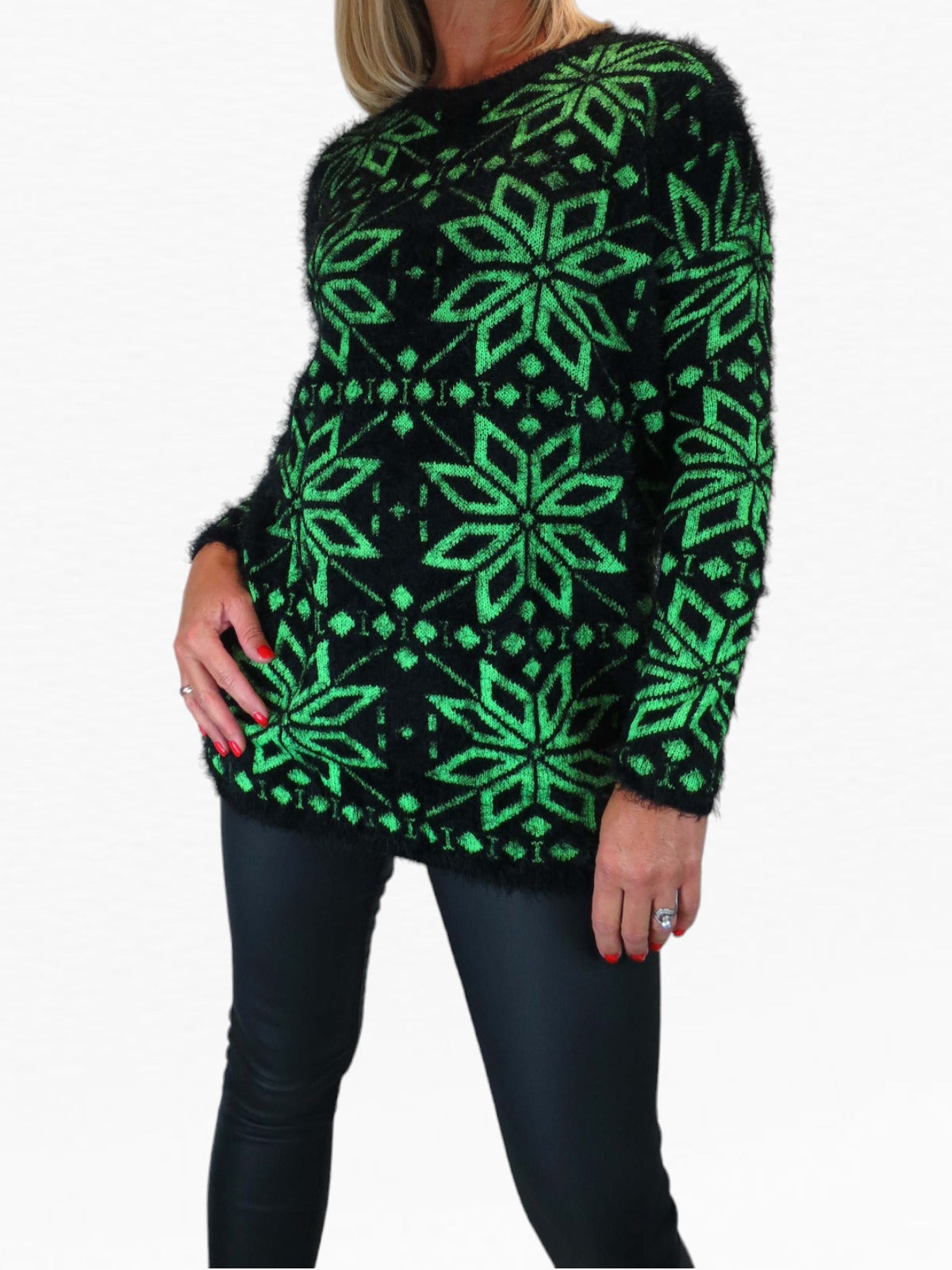 Women's Christmas Snowflake Fluffy Knit Jumper Green