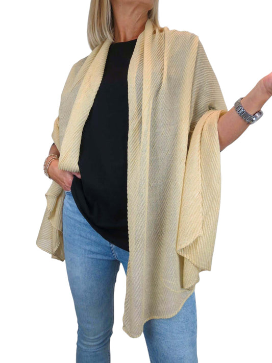 Golden Shimmer Evening Shawl With Pleated Crinkle Scarf Golden Beige
