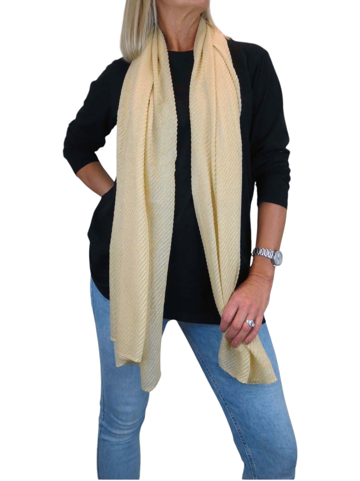 Golden Shimmer Evening Shawl With Pleated Crinkle Scarf Golden Beige