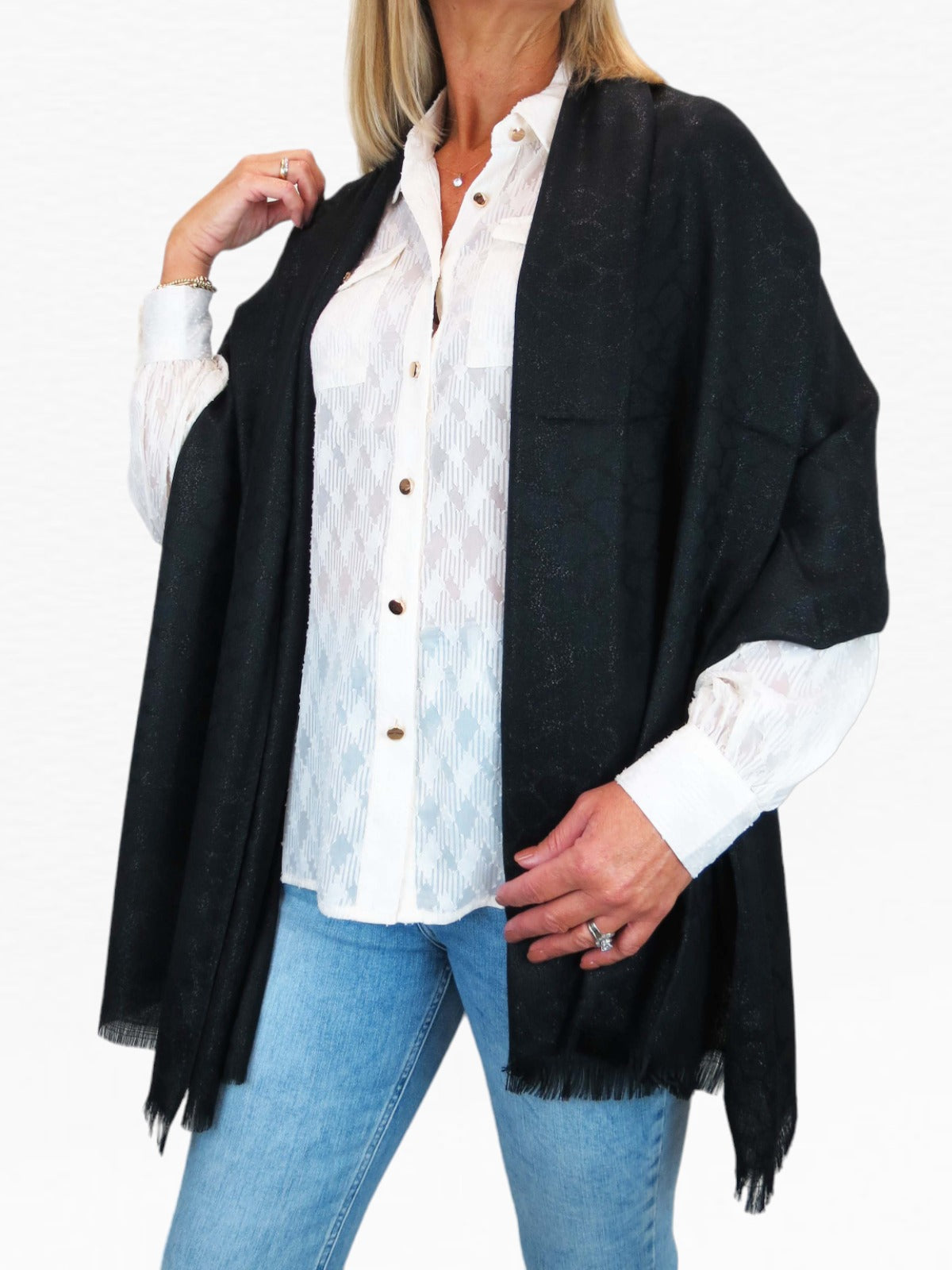 Shimmer Leopard Print Shawl Wrap Scarf with Fringing Black