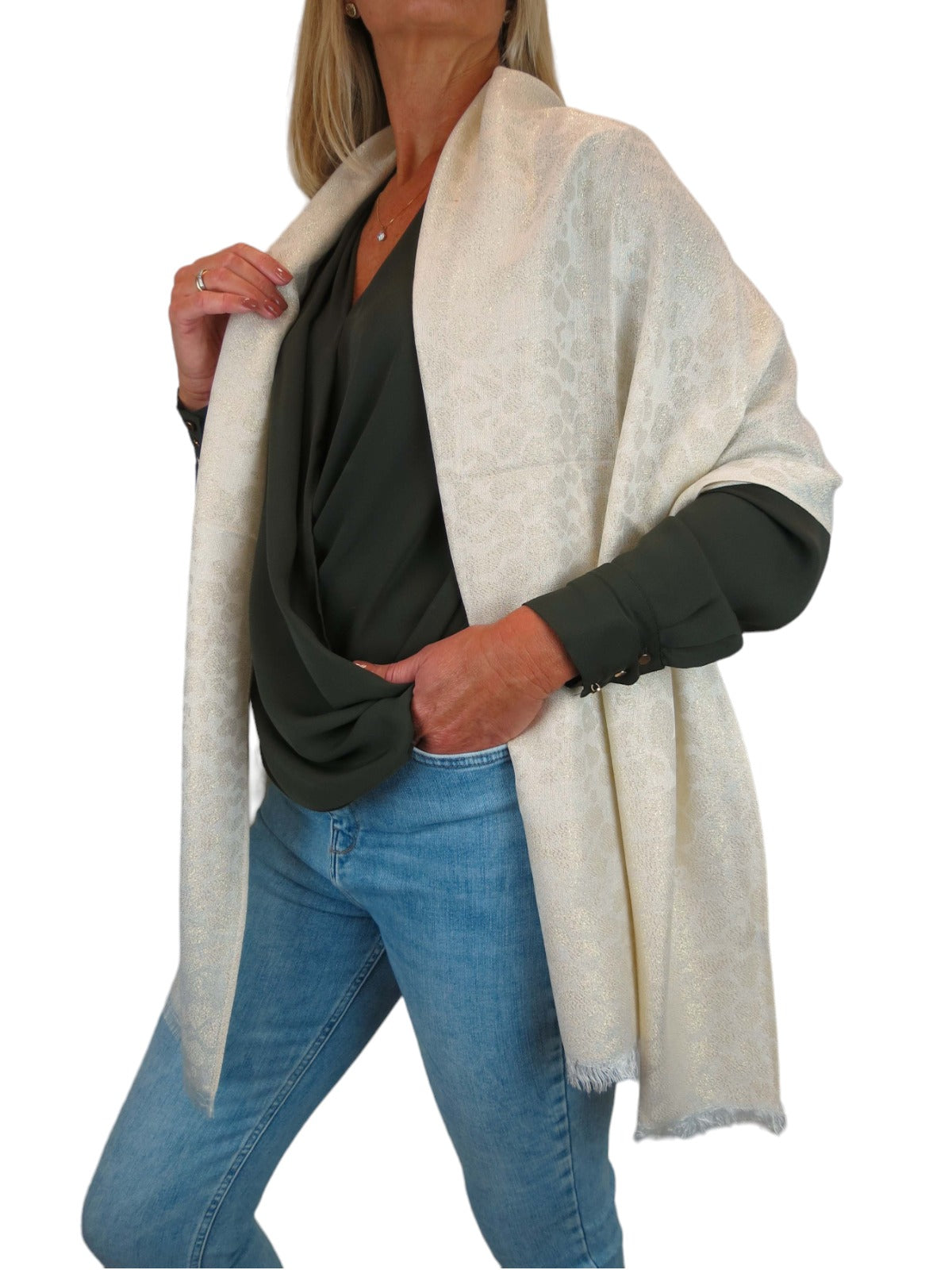 Shimmer Leopard Print Shawl Wrap Scarf with Fringing Cream
