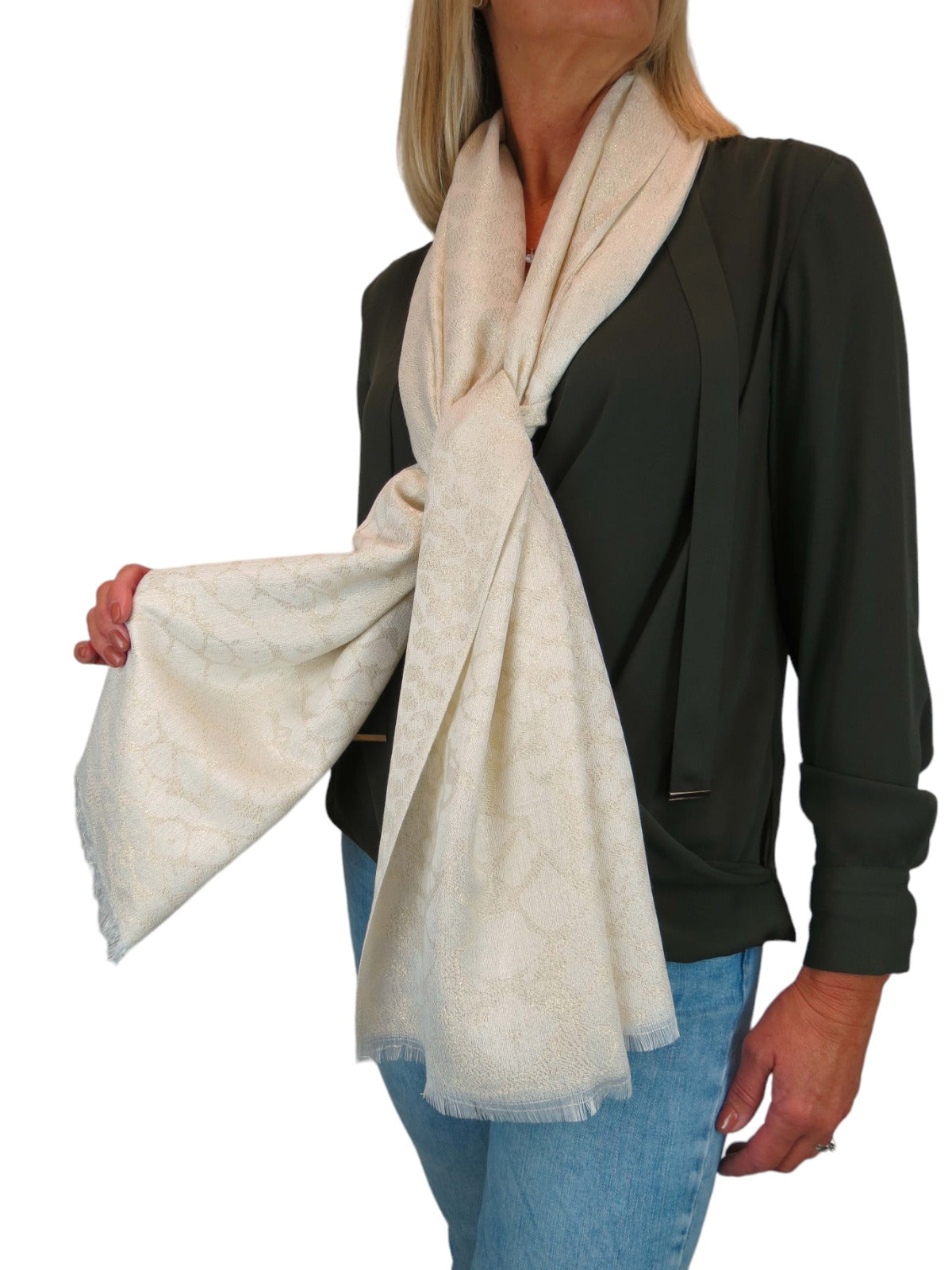 Shimmer Leopard Print Shawl Wrap Scarf with Fringing Cream