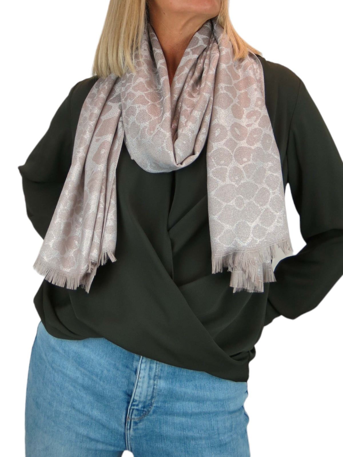 Shimmer Leopard Print Shawl Wrap Scarf with Fringing Beige/Grey