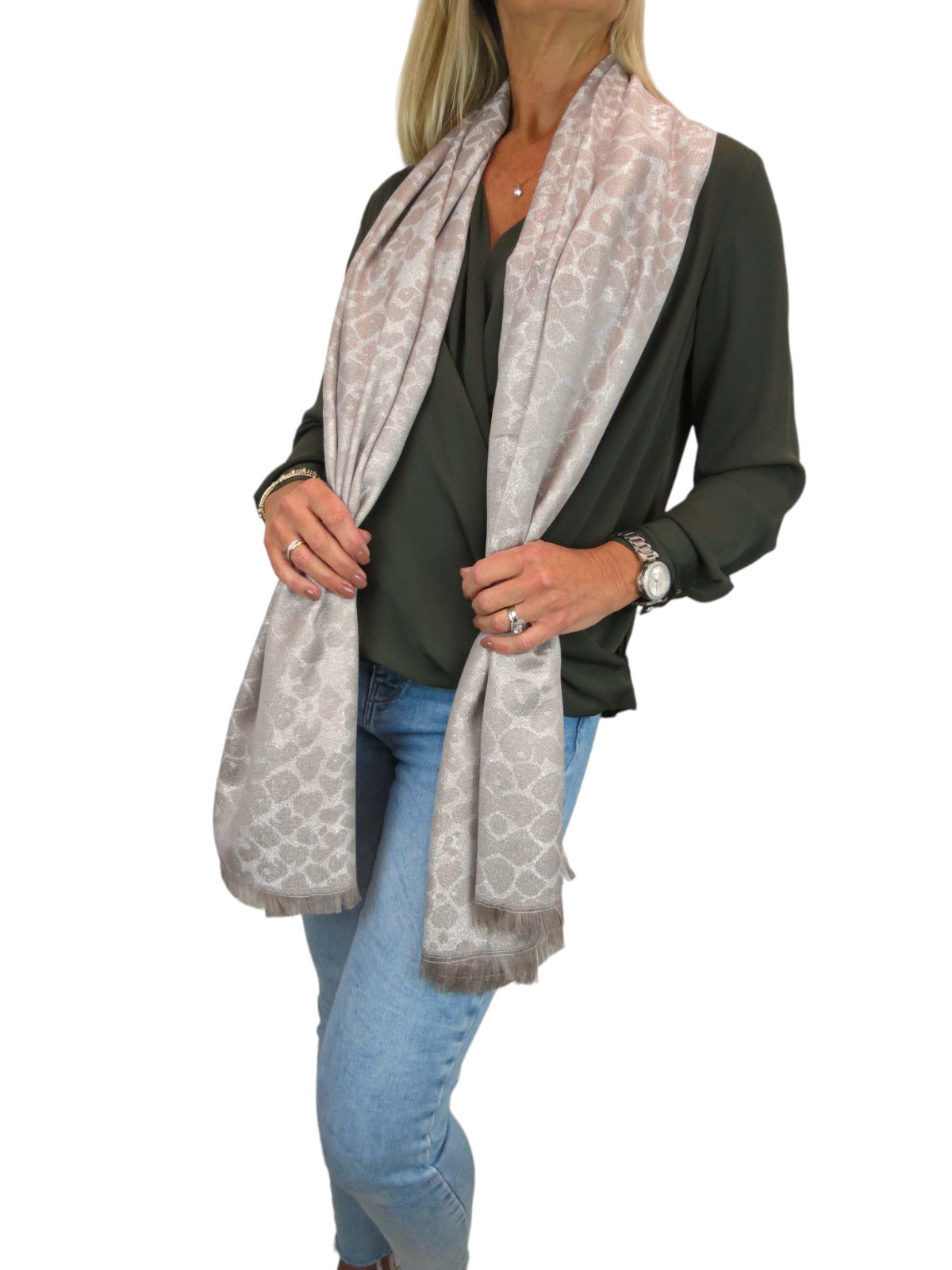 Shimmer Leopard Print Shawl Wrap Scarf with Fringing Beige/Grey