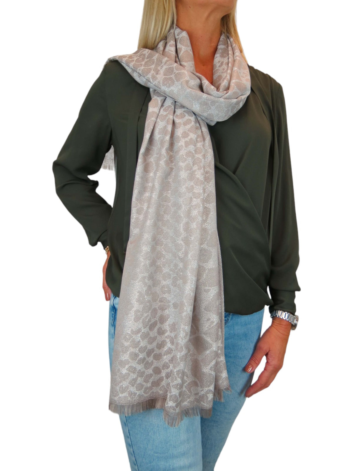 Shimmer Leopard Print Shawl Wrap Scarf with Fringing Beige/Grey