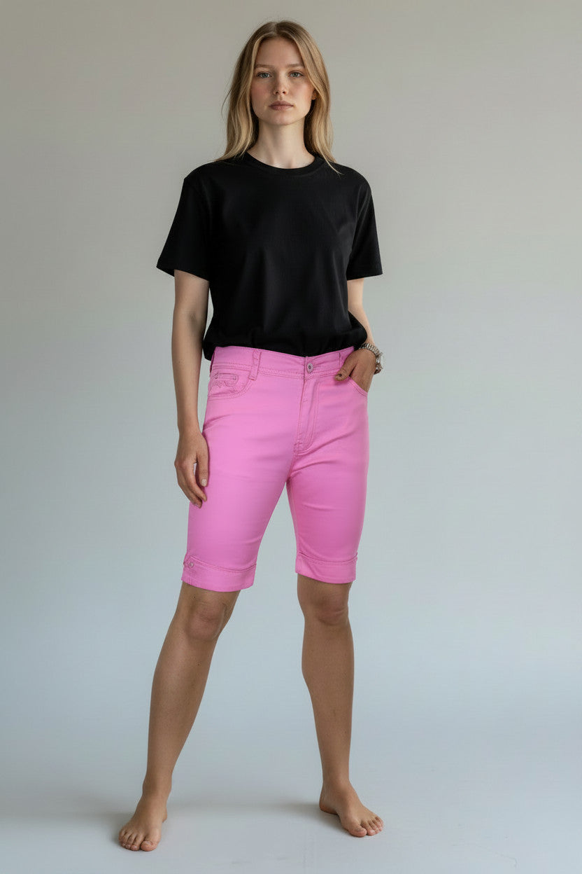 Stretch Diamante Cuff Chino Sheen Jeans Shorts Pink