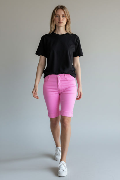 Stretch Diamante Cuff Chino Sheen Jeans Shorts Pink