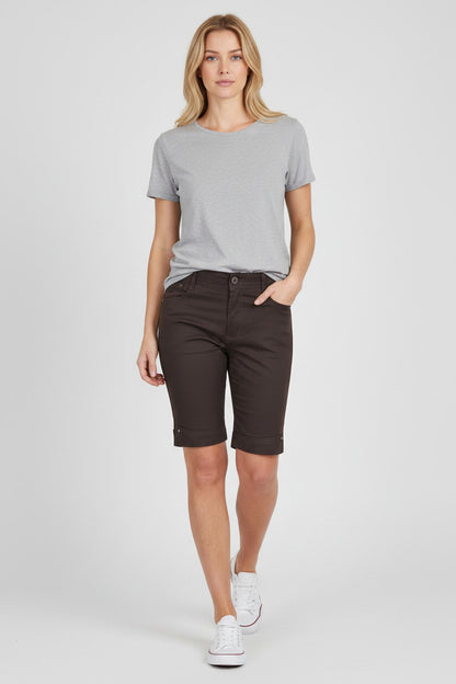 Stretch Diamante Cuff Chino Sheen Jeans Shorts Brown