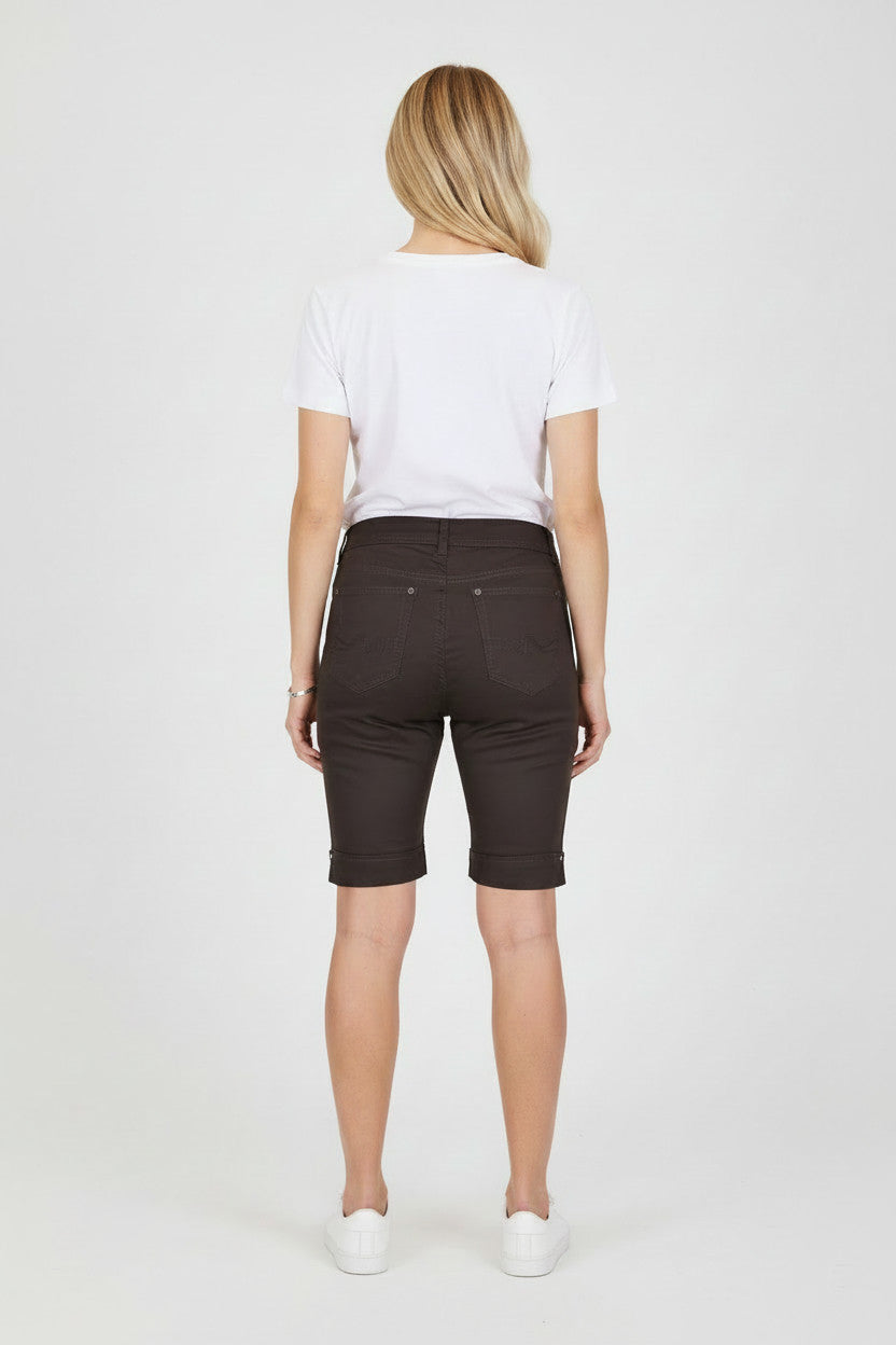 Stretch Diamante Cuff Chino Sheen Jeans Shorts Brown