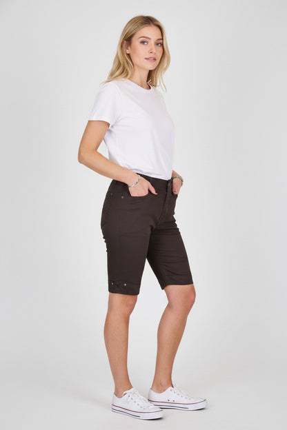 Stretch Diamante Cuff Chino Sheen Jeans Shorts Brown