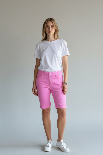 Stretch Diamante Cuff Chino Sheen Jeans Shorts Deep Pink