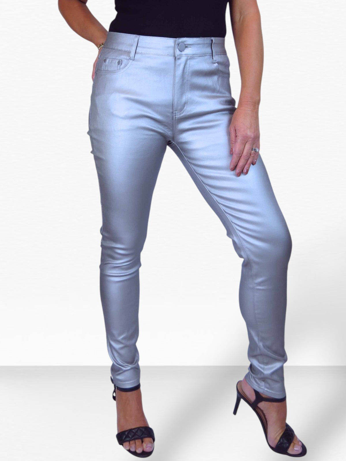 Womens High Waist Stretch Leather Look Jeans Silver
