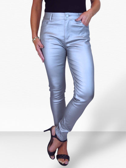 Womens High Waist Stretch Leather Look Jeans Silver
