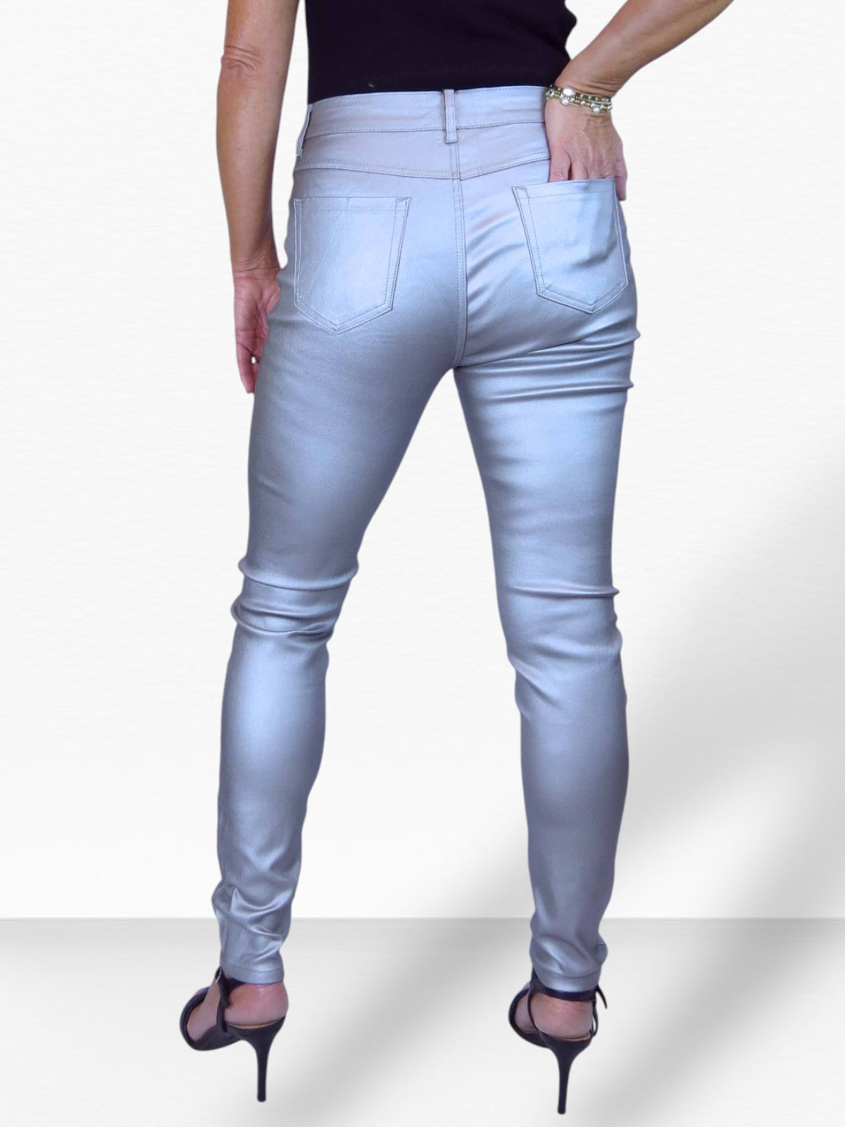 Womens High Waist Stretch Leather Look Jeans Silver