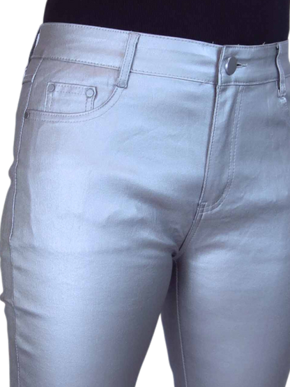 Womens High Waist Stretch Leather Look Jeans Silver