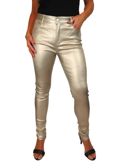 Womens High Waist Stretch Leather Look Jeans Gold