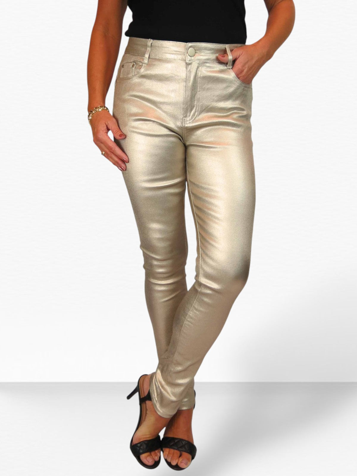 Womens High Waist Stretch Leather Look Jeans Gold