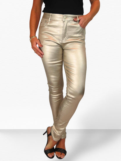 Womens High Waist Stretch Leather Look Jeans Gold
