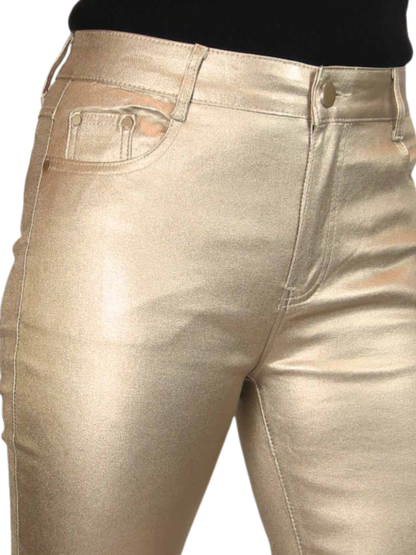 Womens High Waist Stretch Leather Look Jeans Gold