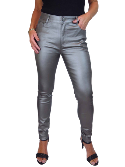 Womens High Waist Stretch Leather Look Jeans Pewter