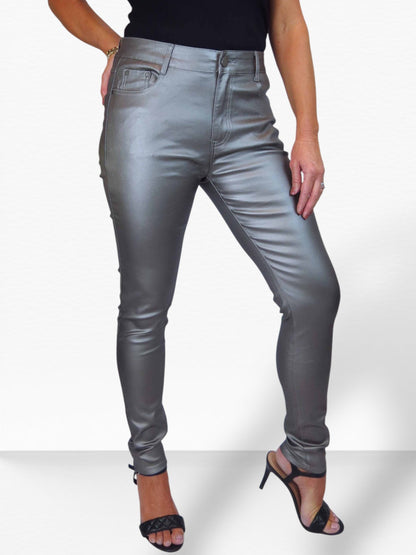 Womens High Waist Stretch Leather Look Jeans Pewter