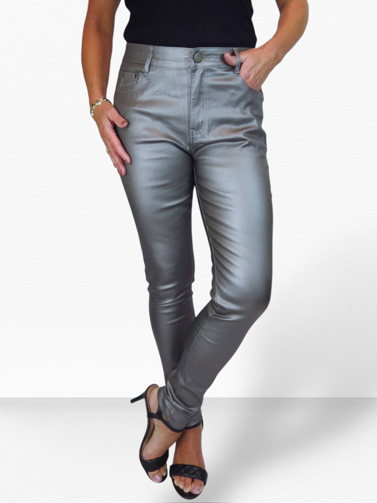 Womens High Waist Stretch Leather Look Jeans Pewter