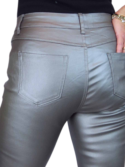 Womens High Waist Stretch Leather Look Jeans Pewter