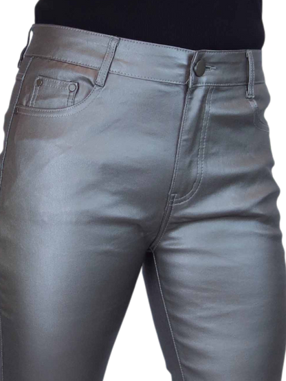 Womens High Waist Stretch Leather Look Jeans Pewter