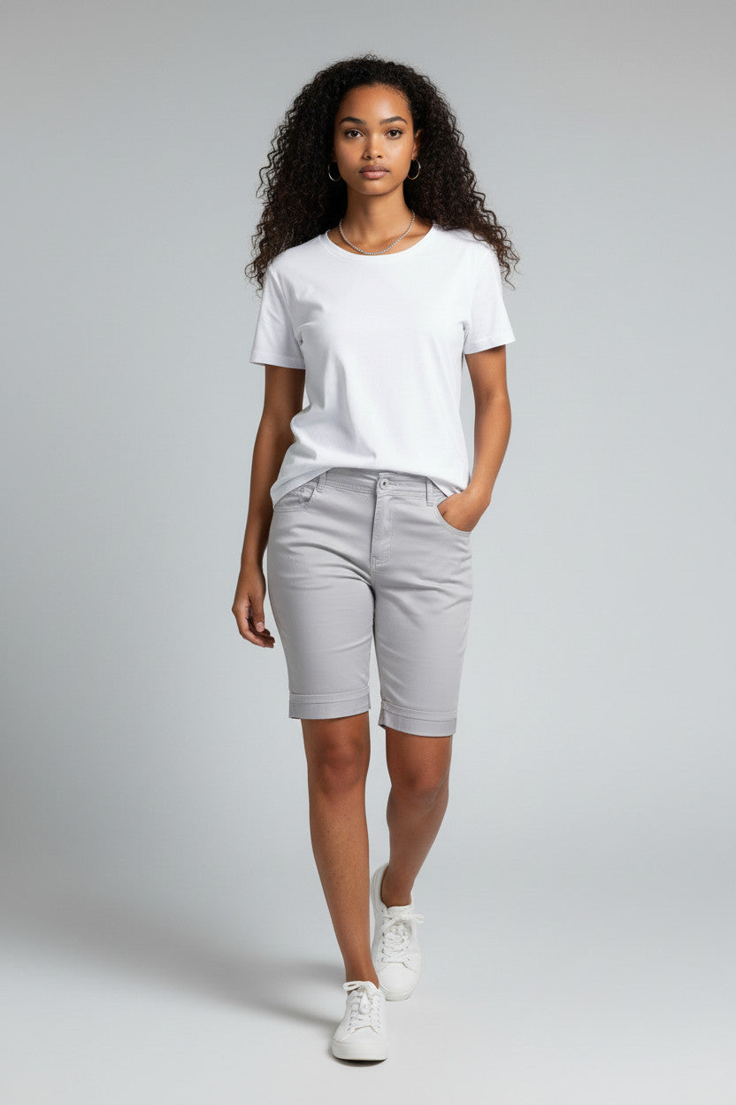 Stretch Chino Sheen Turn Up Cuff  Jeans Style Shorts Silver Grey