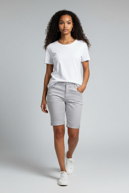 Stretch Chino Sheen Turn Up Cuff  Jeans Style Shorts Silver Grey