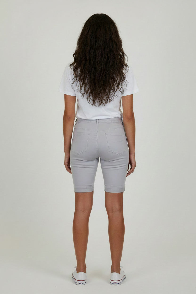 Stretch Chino Sheen Turn Up Cuff  Jeans Style Shorts Silver Grey