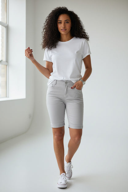 Stretch Chino Sheen Turn Up Cuff  Jeans Style Shorts Silver Grey