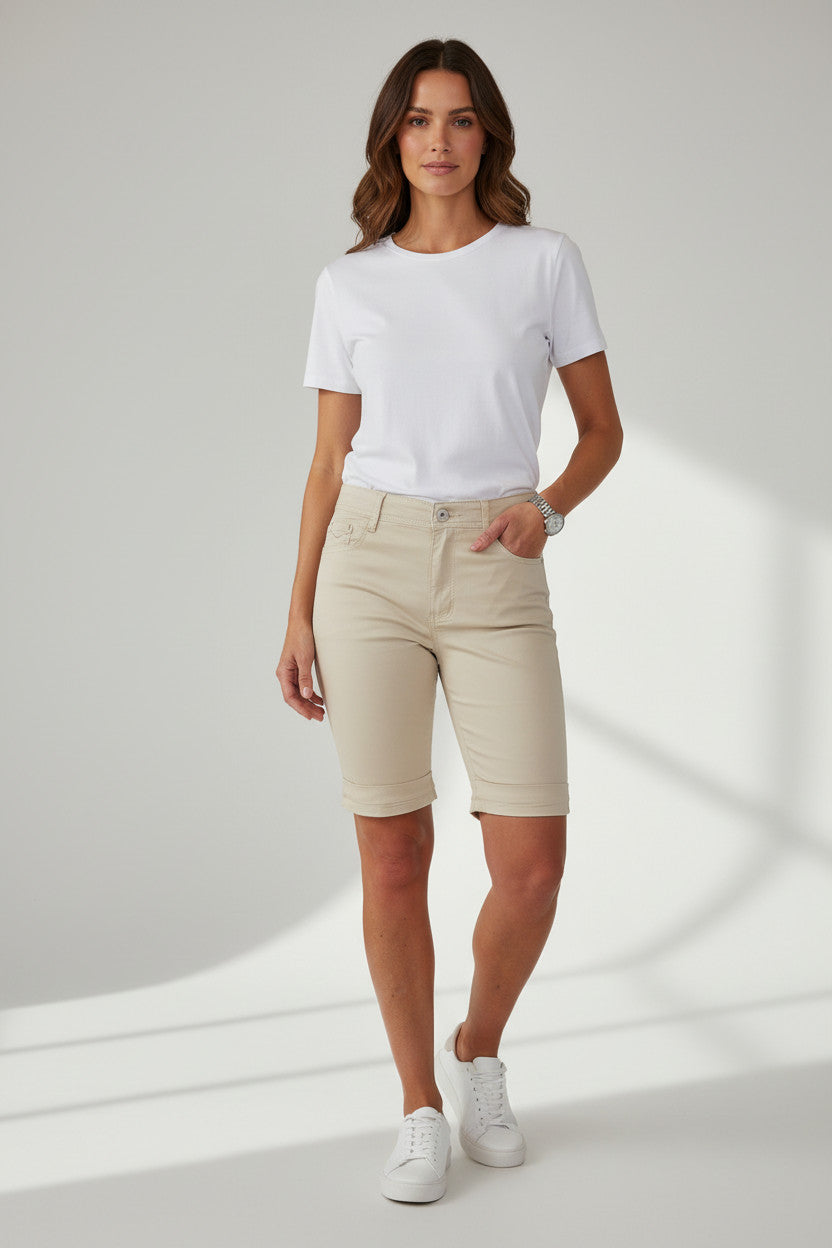 Plus Size Stretch Chino Sheen Jeans Style Shorts Beige
