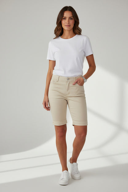 Plus Size Stretch Chino Sheen Jeans Style Shorts Beige