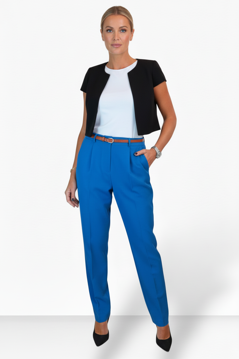 Smart Tapered Leg Pleated Trousers Mid Blue
