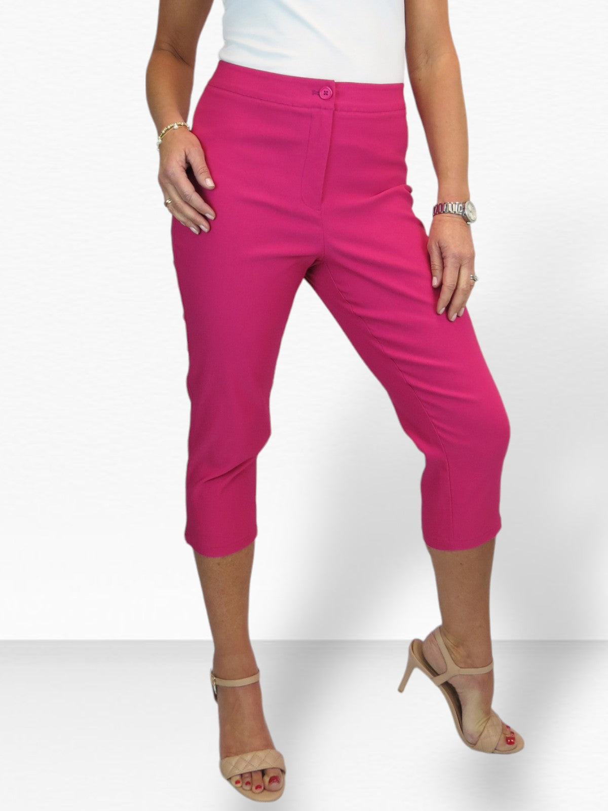 Women's Cropped 3/4 Length Capri Trousers Fuchsia Pink