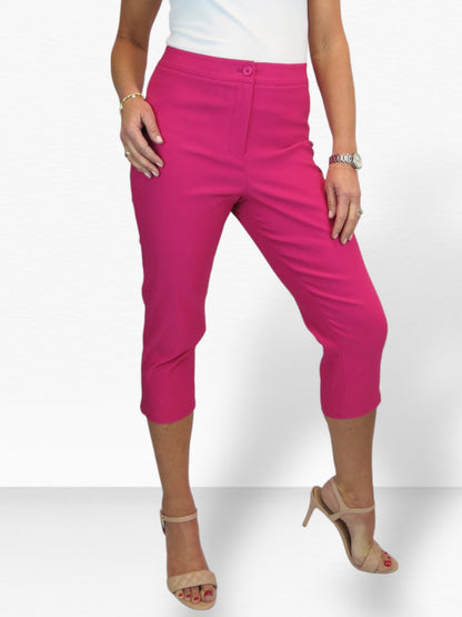 Women's Cropped 3/4 Length Capri Trousers Fuchsia Pink