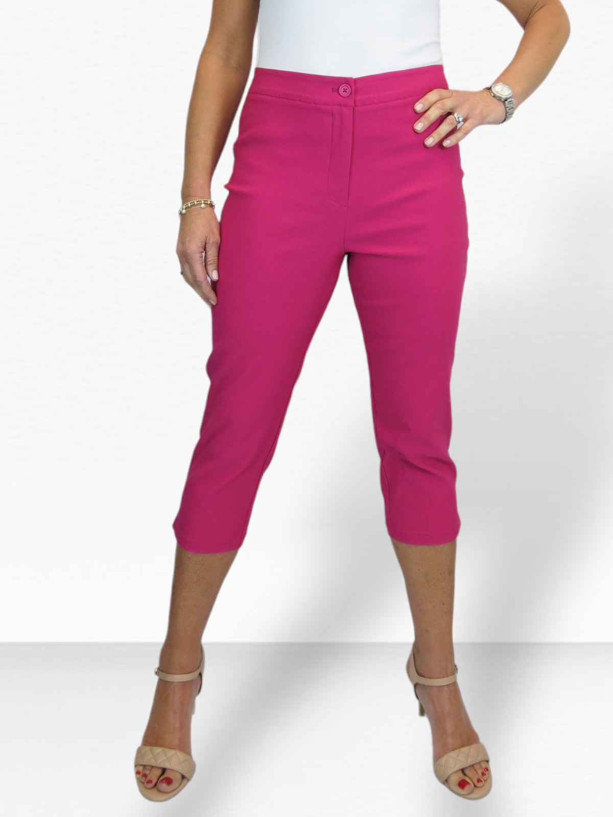 Women's Cropped 3/4 Length Capri Trousers Fuchsia Pink