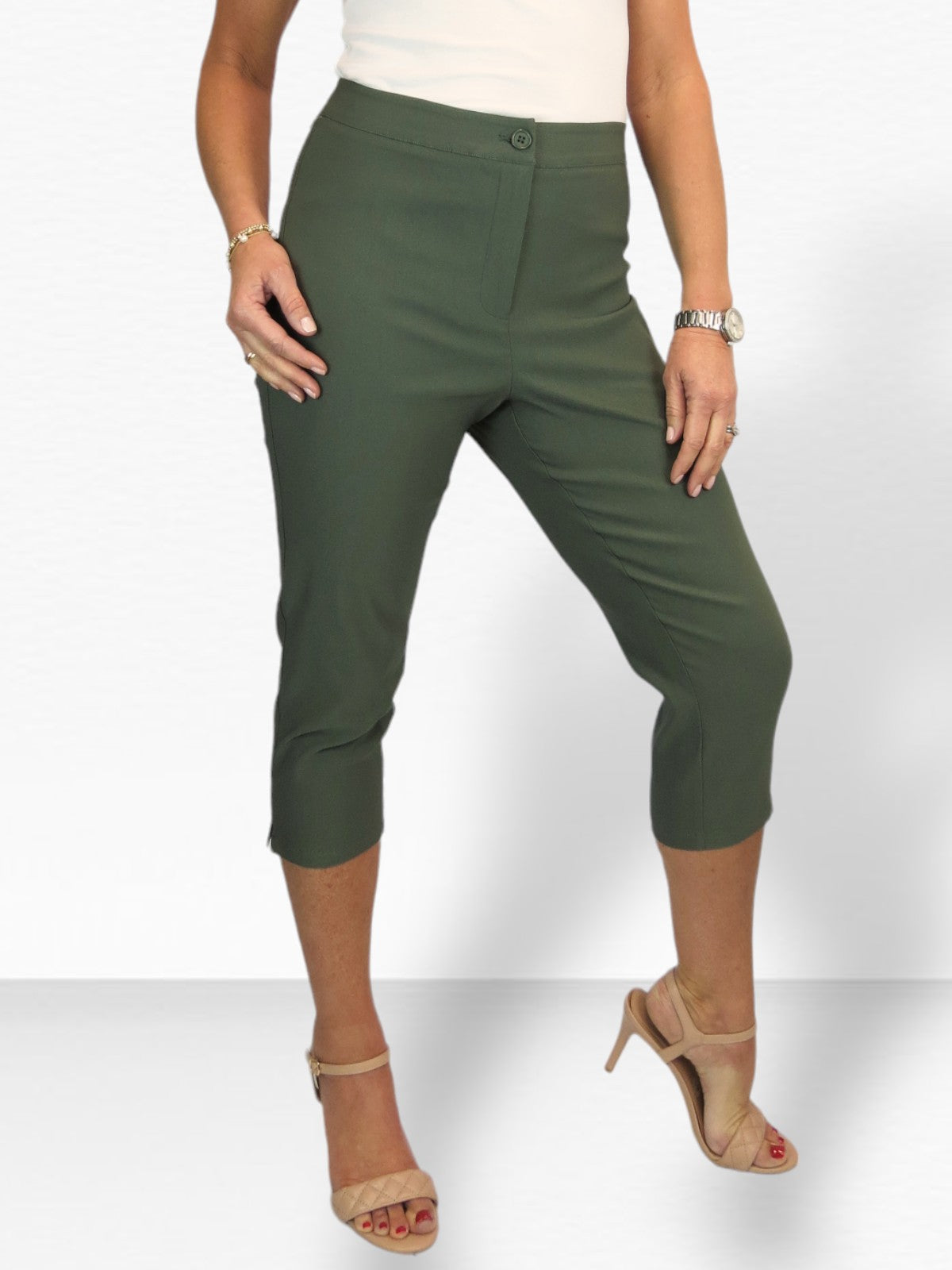 Women's Cropped 3/4 Length Capri Trousers Khaki Green