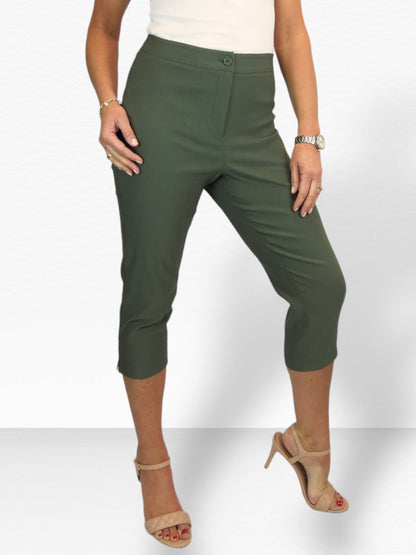 Women's Cropped 3/4 Length Capri Trousers Khaki Green