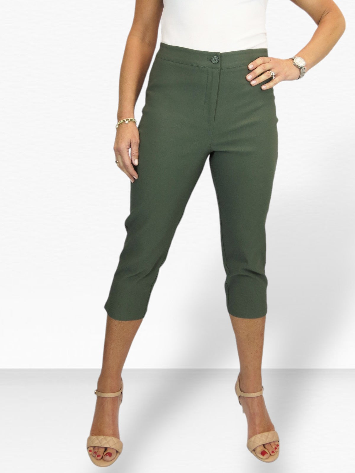 Women's Cropped 3/4 Length Capri Trousers Khaki Green