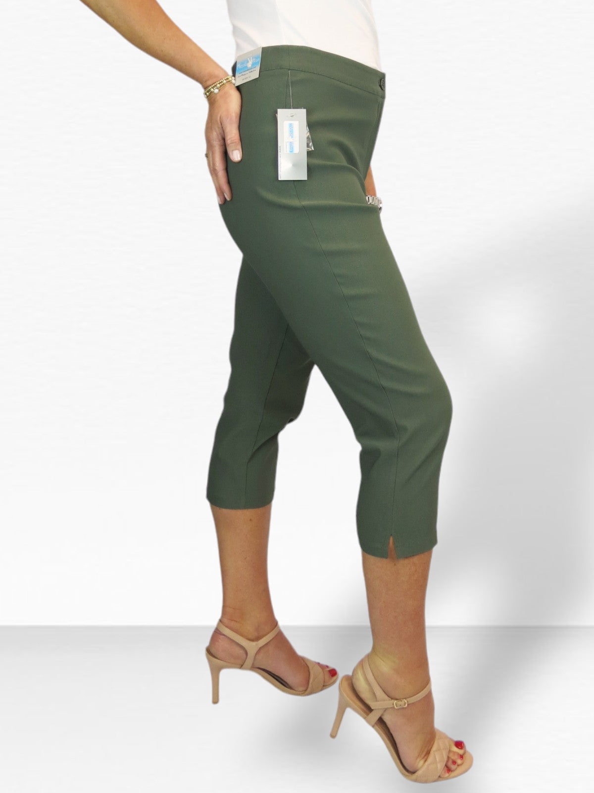 Women's Cropped 3/4 Length Capri Trousers Khaki Green