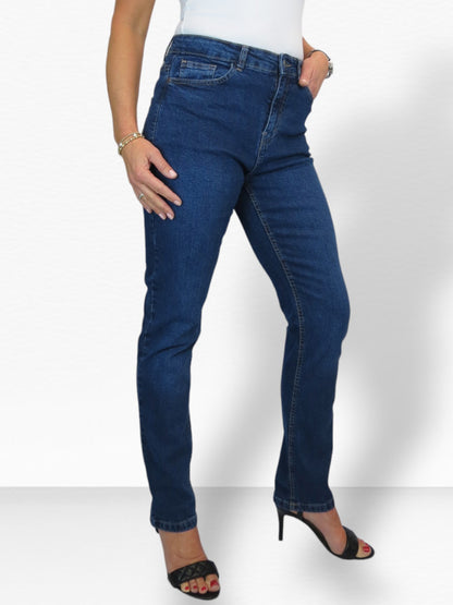 Women's Straight Leg Stretch Denim Jeans Dark Blue Faded