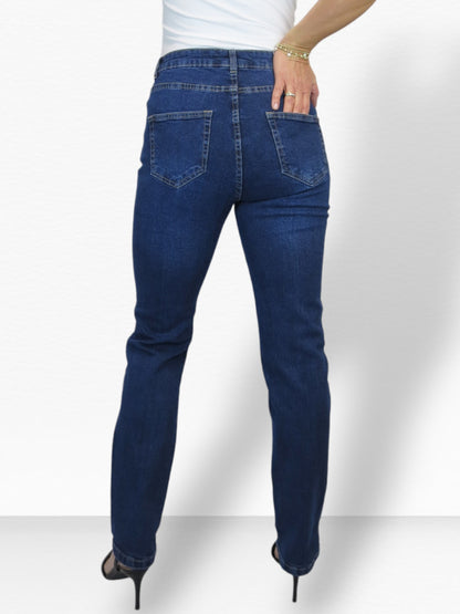 Women's Straight Leg Stretch Denim Jeans Dark Blue Faded