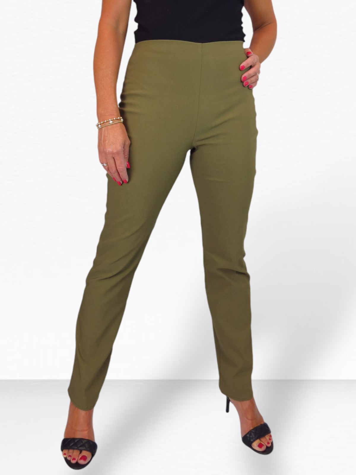 Elasticated Waist Straight Leg Trousers Khaki Green